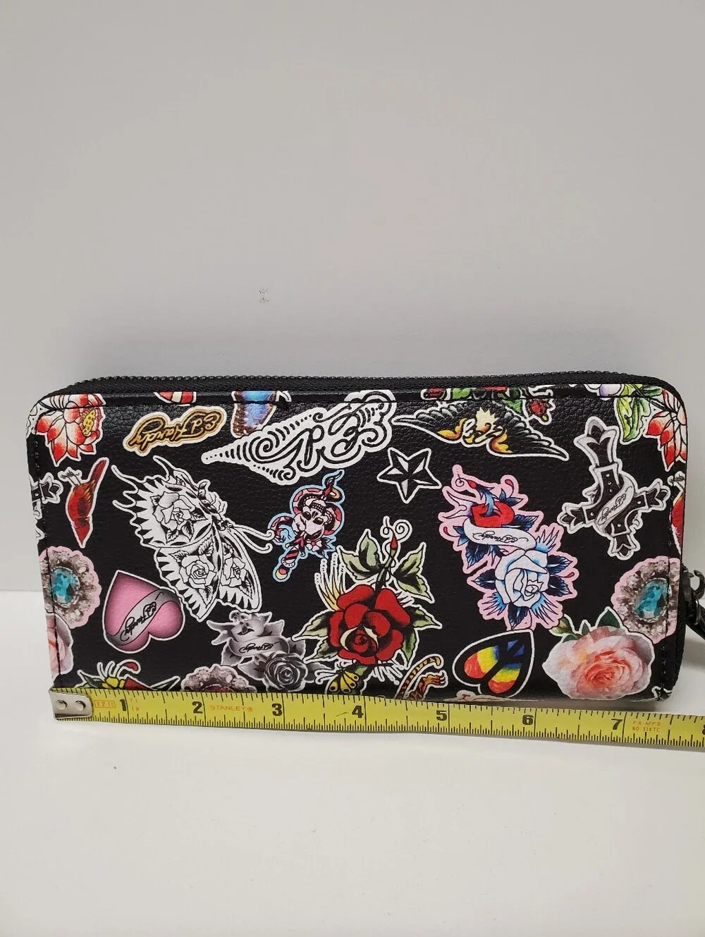 Ed Hardy Black Zip-Around Wallet with Multicolor Tattoo Motifs